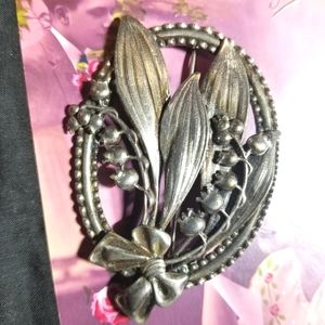 Vintage Lily of the Valley bouquet brooch oval pin silver tone flower floral
